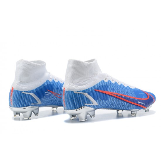 Kopačky Nike Mercurial Superfly 8 Elite FG High-top Bílý Modrý Sliver Kopačky Nike Mercurial Superfly 8 Elite FG High-top Bílý Modrý Sliver